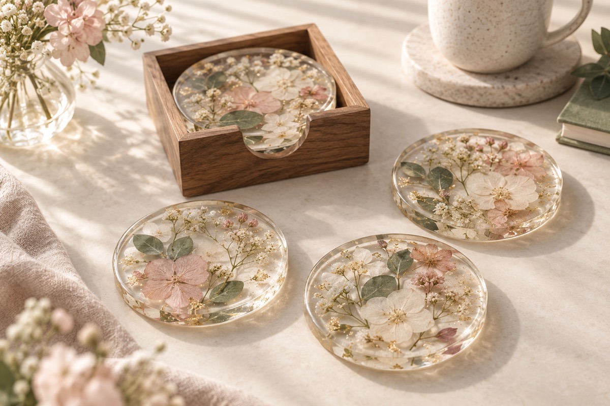 AI design concept for preserved flower coasters, not a photograph of a finished Resinista product
