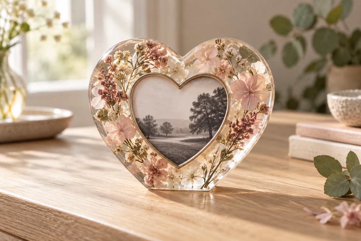 AI design concept for heart photo frames, not a photograph of a finished Resinista product