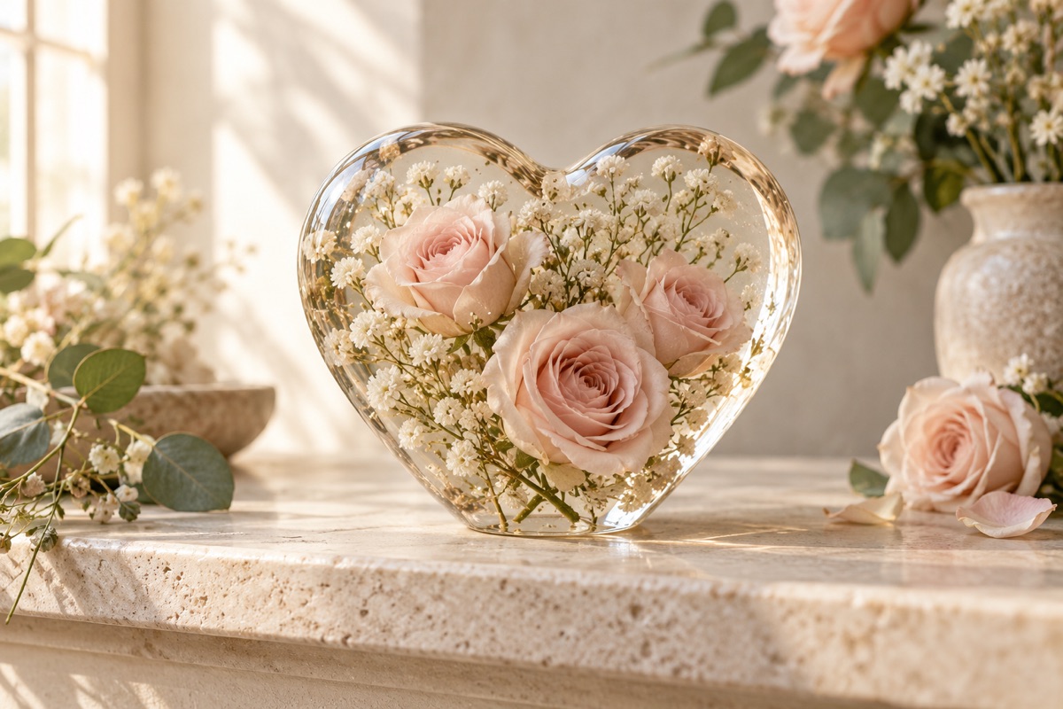 AI design concept for preserved flower hearts, not a photograph of a finished Resinista product