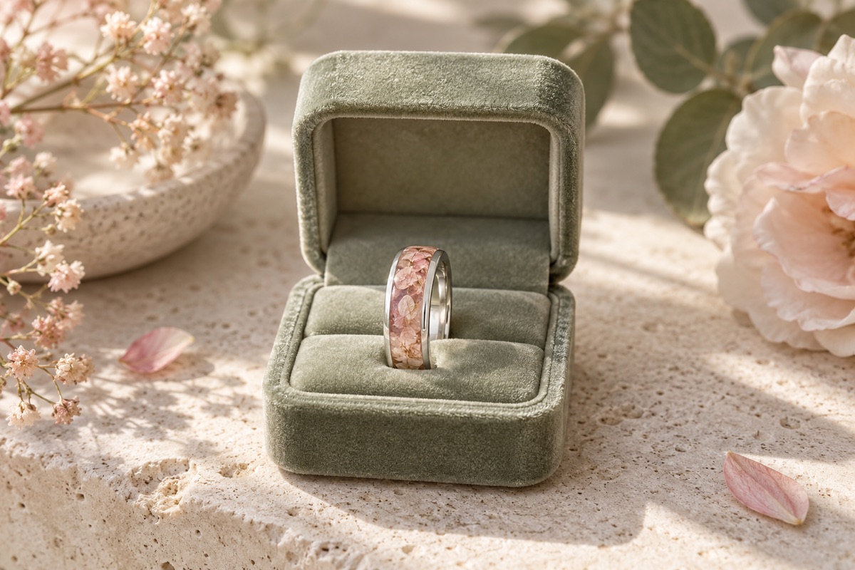 AI design concept for memorial rings, not a photograph of a finished Resinista product